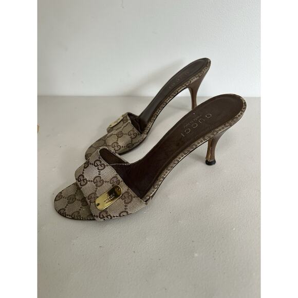 Gucci Marmont Monogram Kitten Heels Slides Logo GG Canvas Slide 9.5B Old Money - Picture 3 of 10